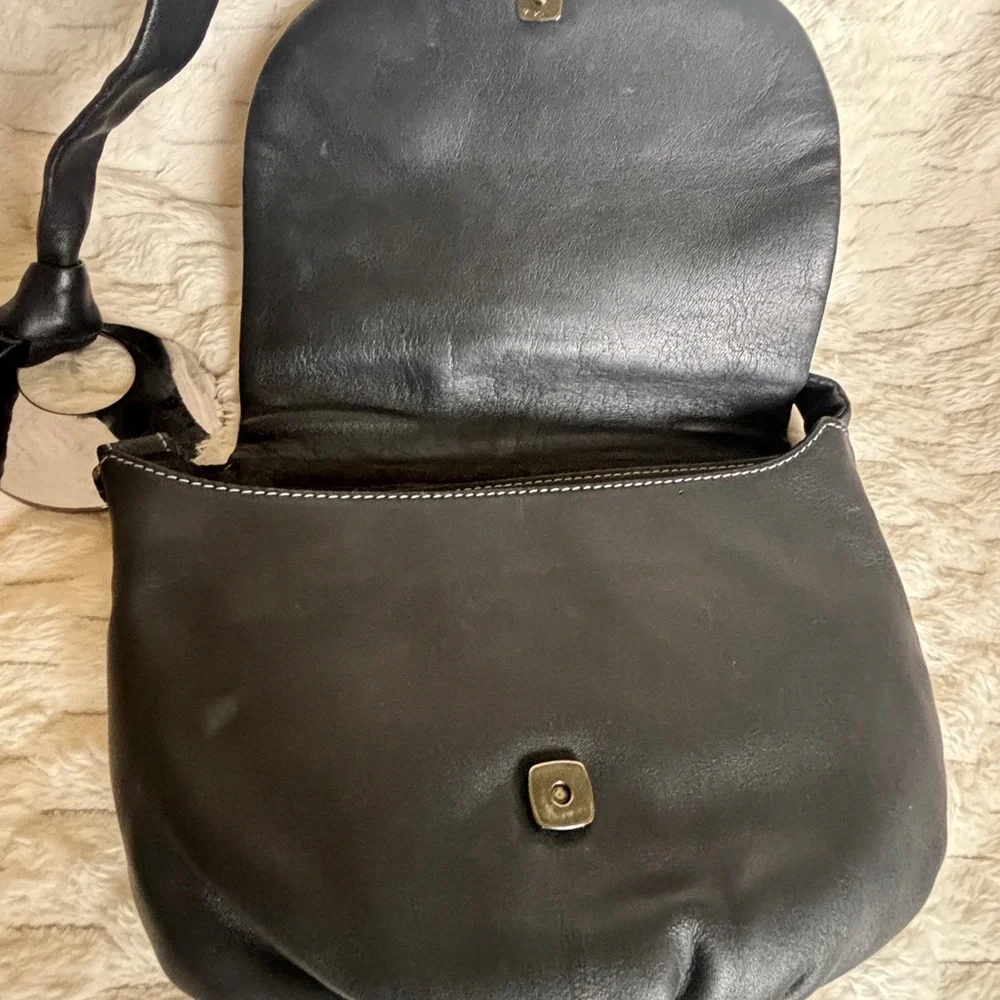 Furla Black Leather Crossbody Saddle Bag White Contrast Stitch Silver Hardware
